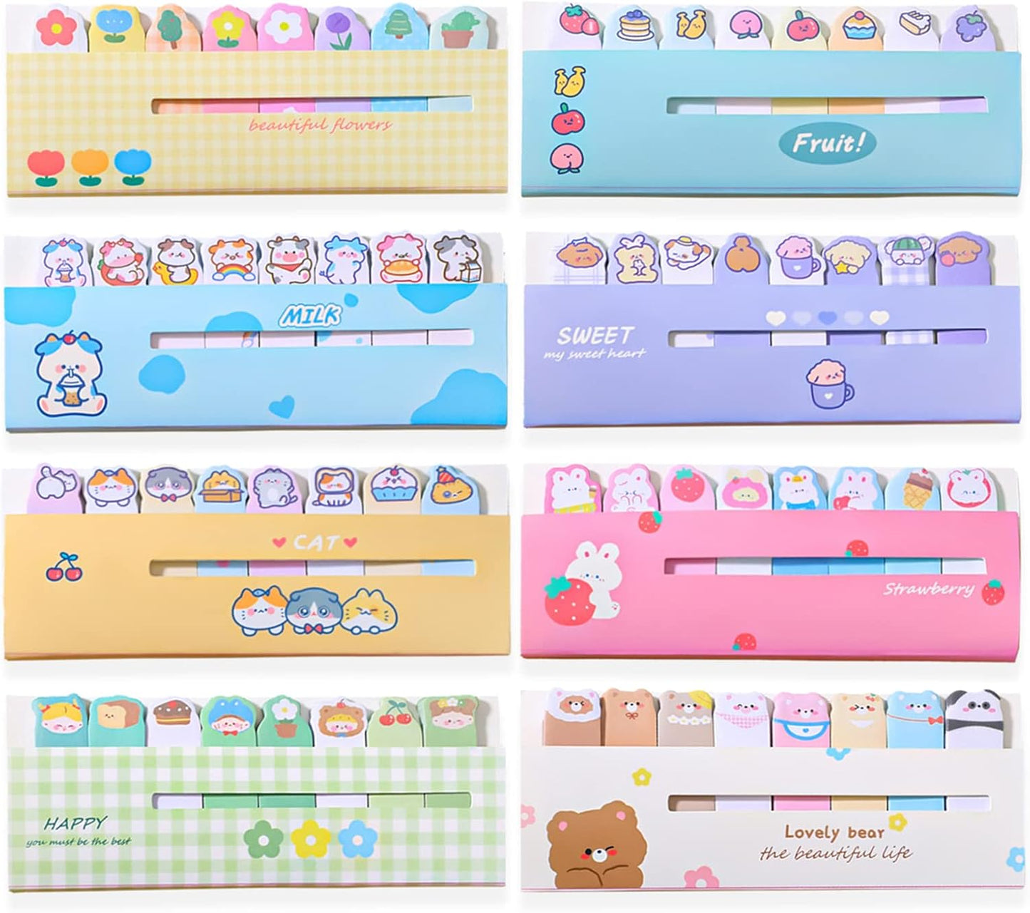 Cute Animals Plant Foods Mini Sticky Notes, 8 Styles Cartoon Flags Index Tabs Self-Stick Fun Post it Notes, 120 Sheets/Pack, for Students Bookmark Office School Index Tab Supplies (8)
