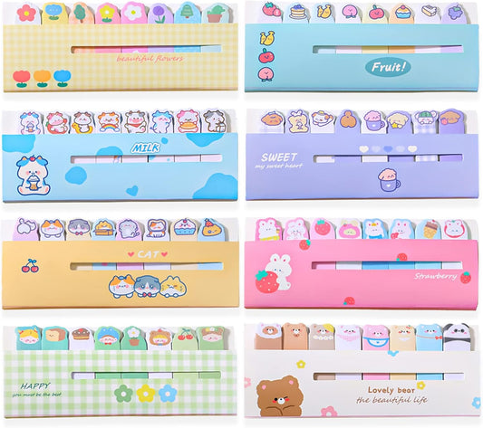 Cute Animals Plant Foods Mini Sticky Notes, 8 Styles Cartoon Flags Index Tabs Self-Stick Fun Post it Notes, 120 Sheets/Pack, for Students Bookmark Office School Index Tab Supplies (8)