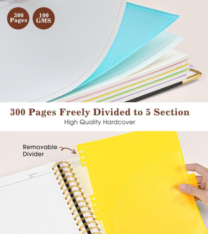 Hardcover Large Spiral Notebook 8.5" x 11" with Removable Dividers Tabs, 300 pages Leather 5 Subject Notebook College Ruled, A4 Journal for Women Men, Notebooks for Work School Note taking,Black