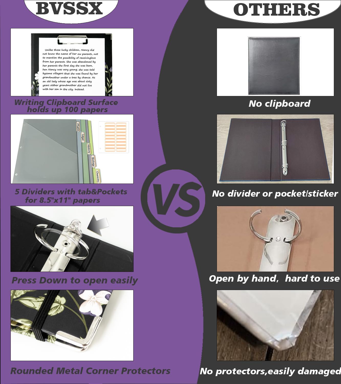 3 Ring Binder 1 Inch, Three Ring Binders Organizer with Clipboard, 5-Tabs Pockets Dividers, Plastic Folder, 18 Divider Stikers, BVSSX Pretty Binder with Pen Loop (Black Weeds, Letter Size)