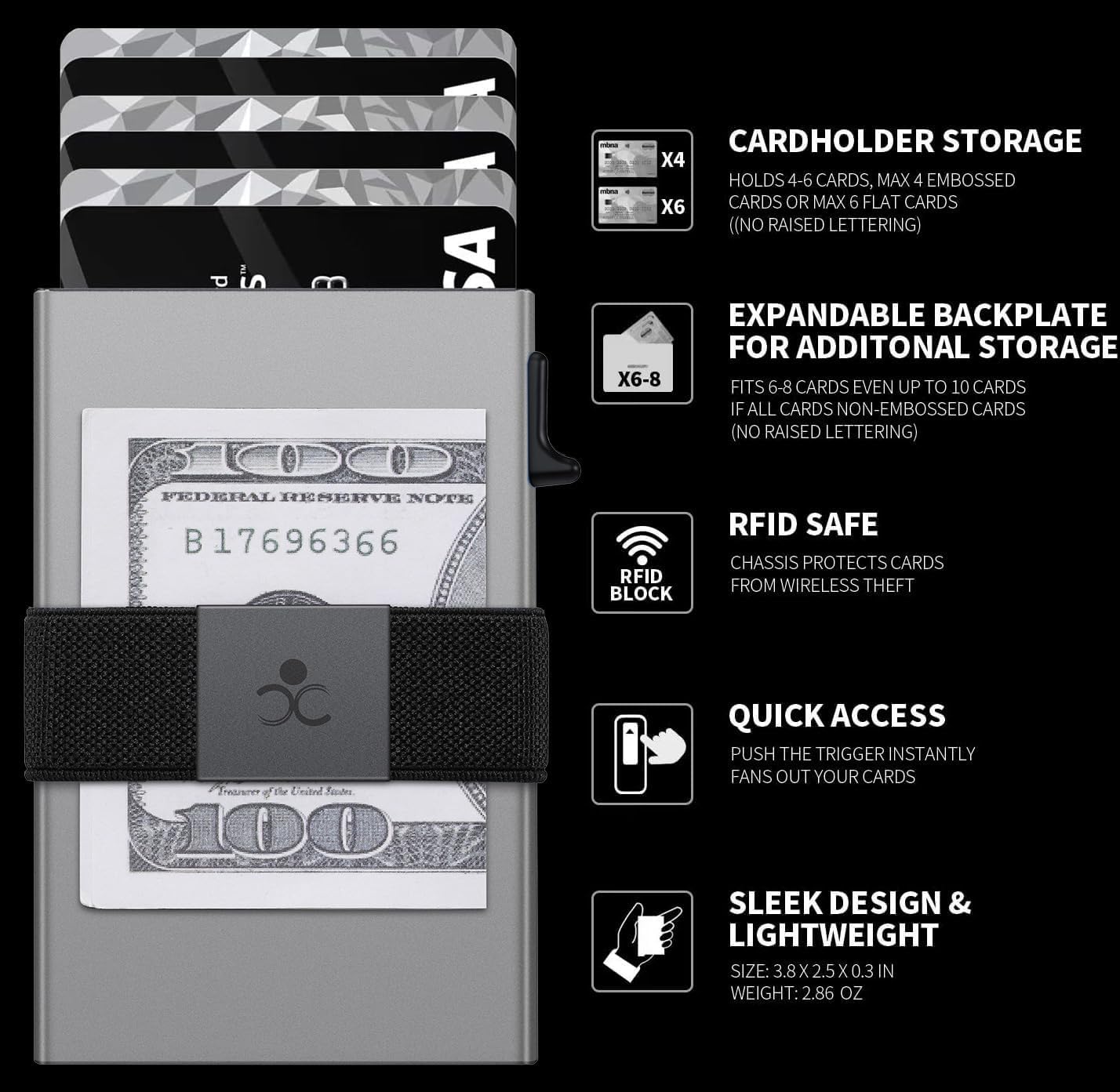 SEMORID Slim Aluminum Card Holder Wallet for Men, Durable Expandable Backplate, RFID Blocking Minimalist Metal Pop Up Wallet, Holds 12+ Cards Plus Cash (Black)
