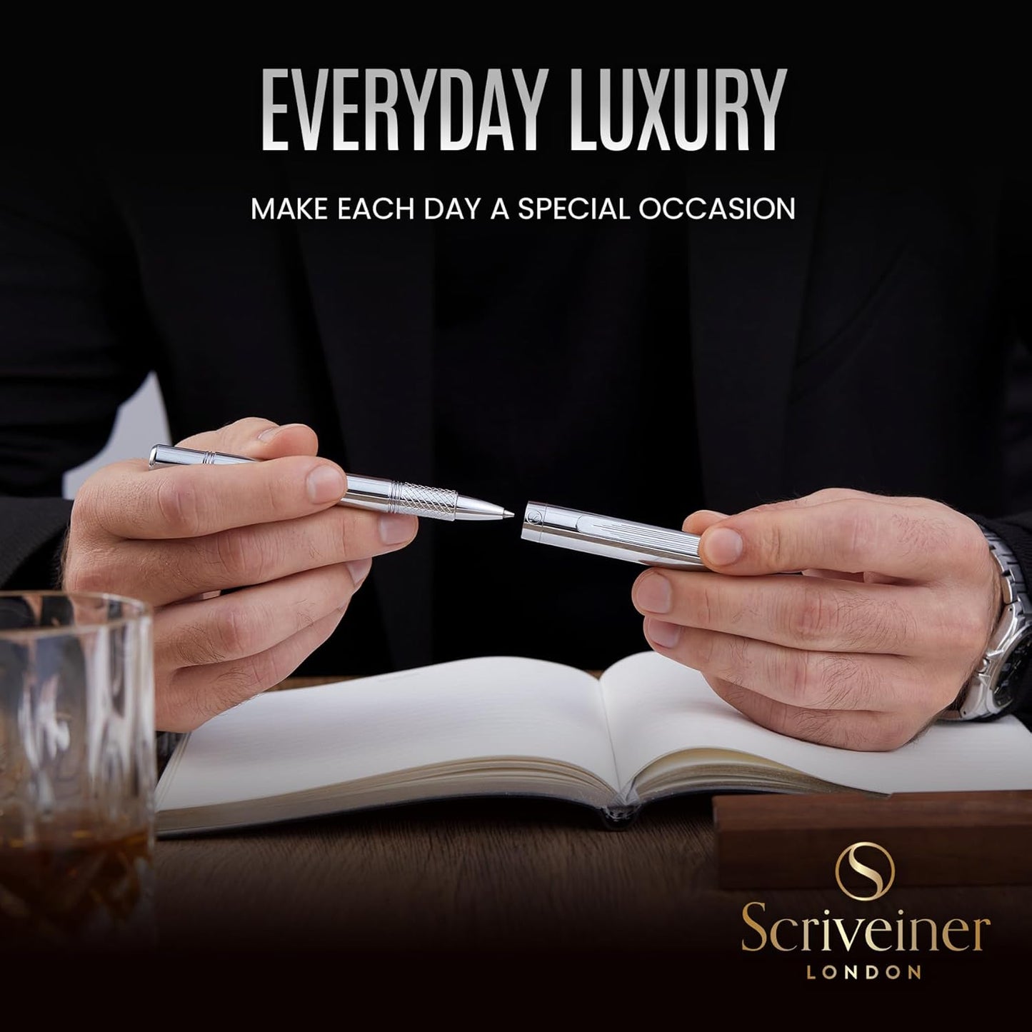 Scriveiner Black Rollerball EDC Luxury Pen, Stunning Pocket Pen with Chrome Finish, Cool Writing, Best Gift for Men & Women, German Schmidt Refill, Nice Present, Fancy Office Designer Set