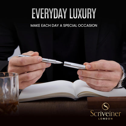 Scriveiner Black Rollerball EDC Luxury Pen, Stunning Pocket Pen with Chrome Finish, Cool Writing, Best Gift for Men & Women, German Schmidt Refill, Nice Present, Fancy Office Designer Set