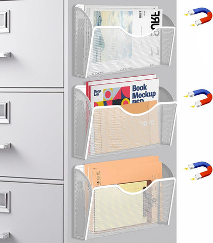 Magnetic File Holder 3 Pockets File Folder Organizer, Office Hanging Magazine Rack for File Cabinets, Magnetic Paper Holder, No Drilling Mail Organizer for Refrigerator, Whiteboard, Office, Kitchen