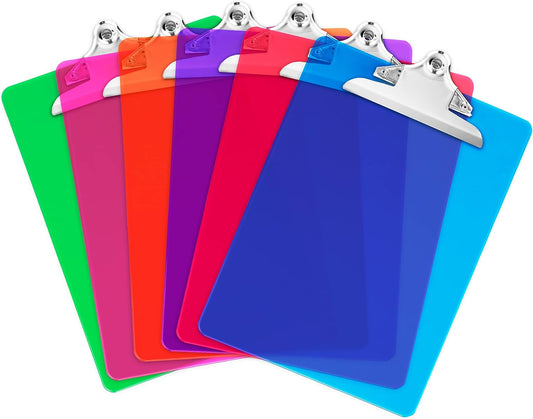 Plastic Clipboards with Low Profile Clip Set of 6-12.5 x 9 Inch Multi Color Plastic Clipboards Bulk - Clear Clip Boards Bulk Classroom Holds 100 Sheets, Acrylic Clipboard Clear 6 Pack