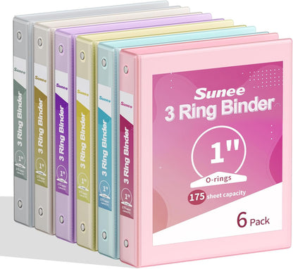 SUNEE 1 Inch Binders 3 Ring 6 Pack, Clear View Three Ring Binders PVC-Free (Fit 8.5x11 Inches) for School Binder or Office Binder Supplies, Classic 6 Colors