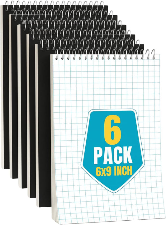1InTheOffice Steno Pads Spiral 6x9 Quad Ruled, Graphing Paper Notebook Spiral, Top Bound, Graph Ruled, White, 80 Sheets, (6 Pads/Pack)