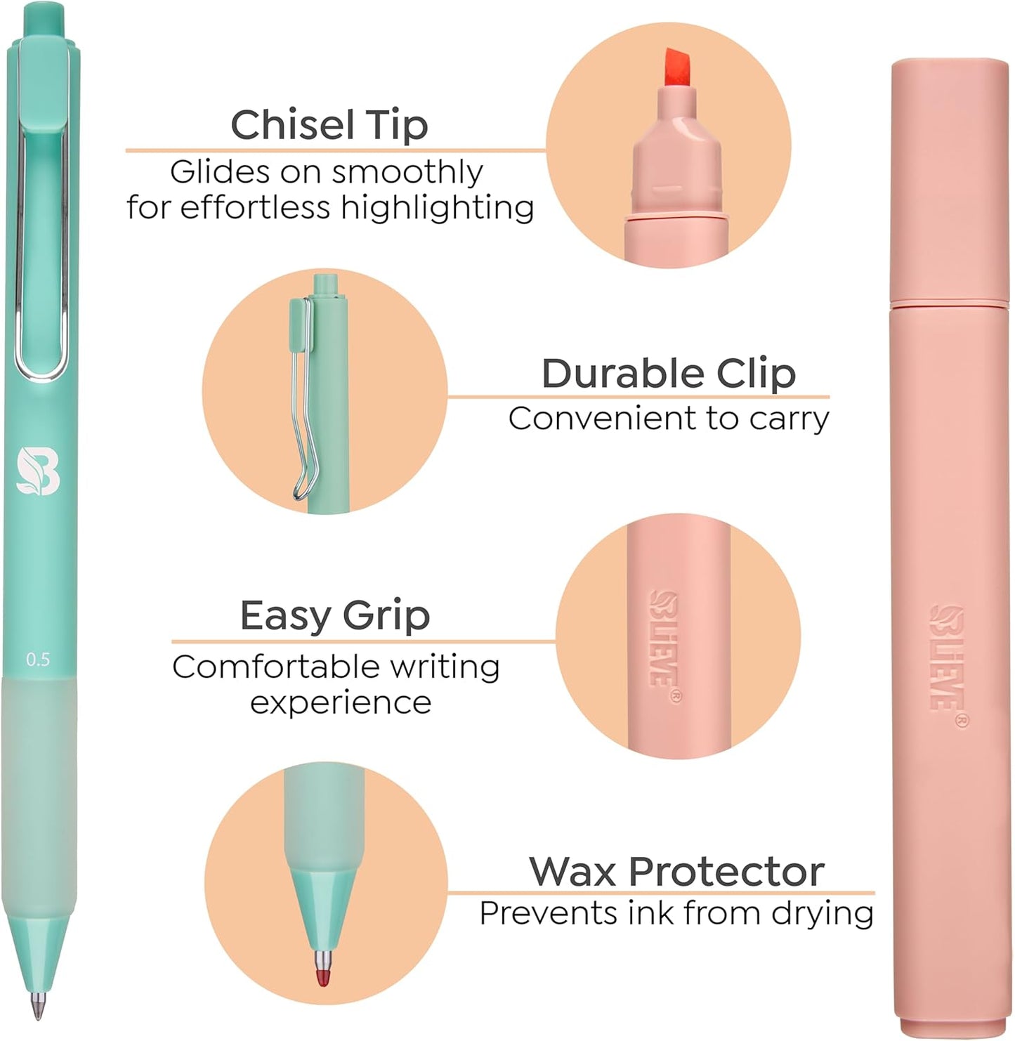 BLIEVE - Aesthetic Highlighters and Gel Pens With Soft Ink and Chisel Tip, Bible Highlighters and Pens No Bleed, Dry Fast Easy to Hold, for Bible Journaling Planner School Supplies (MORANDI)
