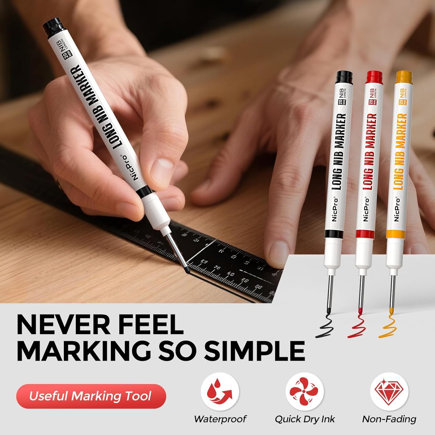 Nicpro 2 Pack CP1000 Carpenter Pencil with Sharpener, Mechanical Carpenter Pencils with 26 Refills, Deep Hole Long Nib Marker Pens for Construction, Heavy Duty Woodworking Pencil for Architect Marking