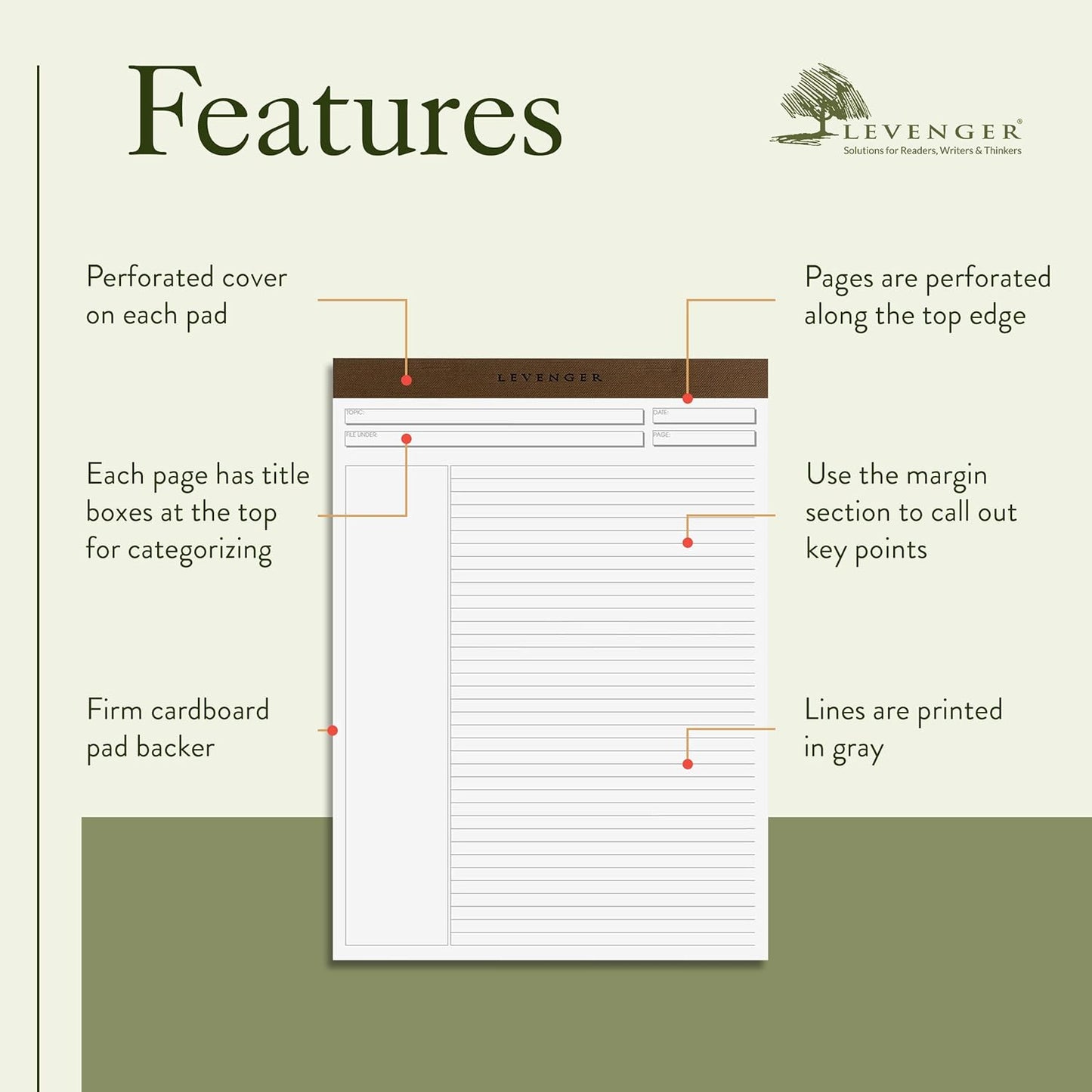 Levenger Freeleaf Annotation Ruled Writing Pads Lined Notepad, Compatible with Cornell Note-Taking System, Pack of 5, White, Letter