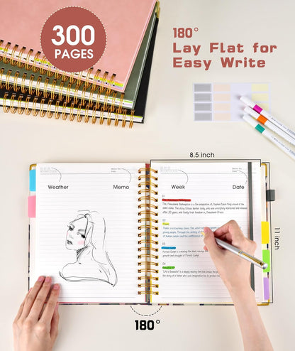 Hardcover Spiral Notebook Journal with Removable Dividers Tabs, 300 Pages Leather 5 Subject Notebook College Ruled, 8"x10" Large B5 Notebooks for Work School Note taking, Lined Journal for Women, Pink