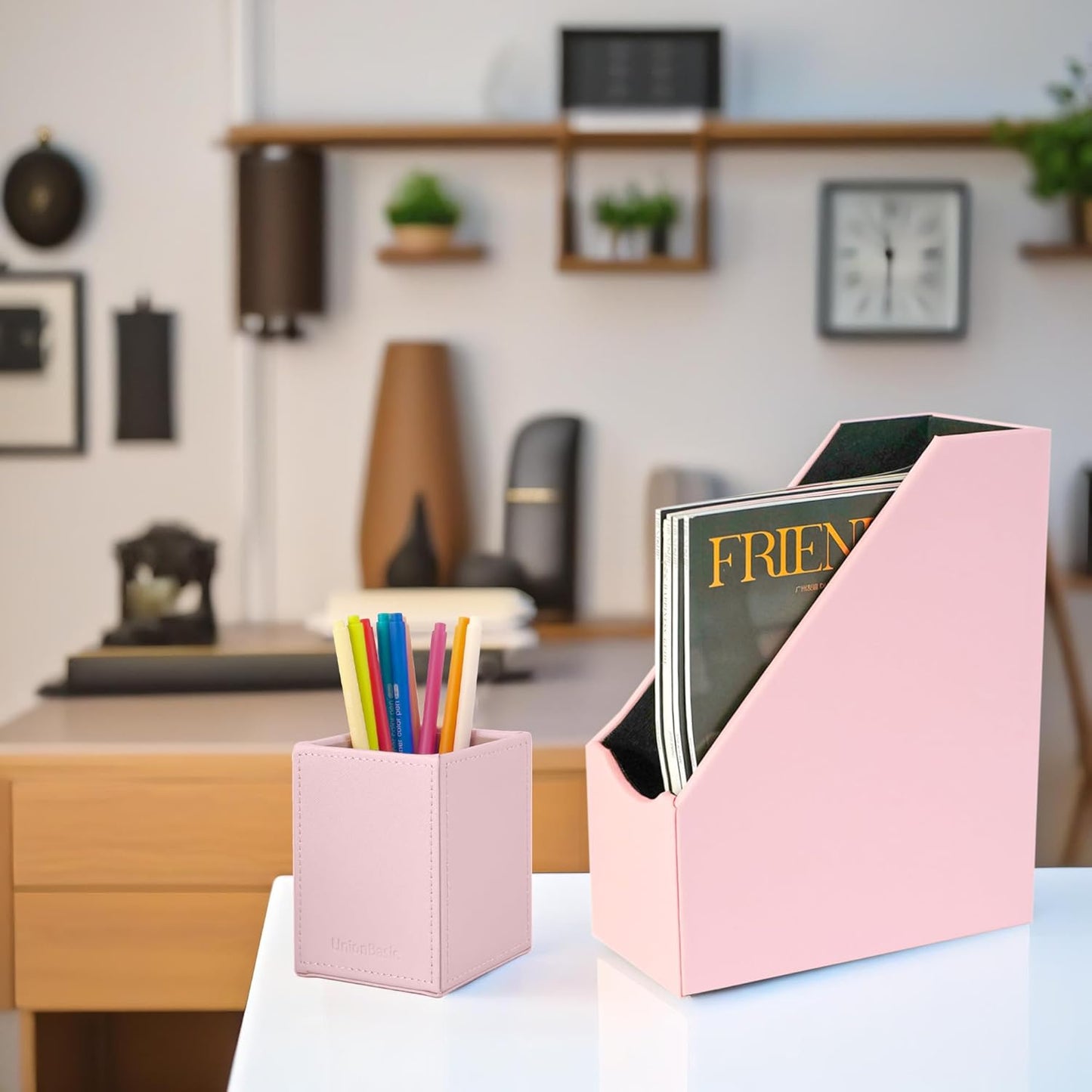 UnionBasic Magazine File Holder, Leatherette Desktop Document Organizer, Home Office Paper Holder File Storage Literature Sorter, Grey