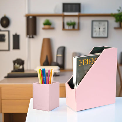 UnionBasic Magazine File Holder, Leatherette Desktop Document Organizer, Home Office Paper Holder File Storage Literature Sorter, Grey