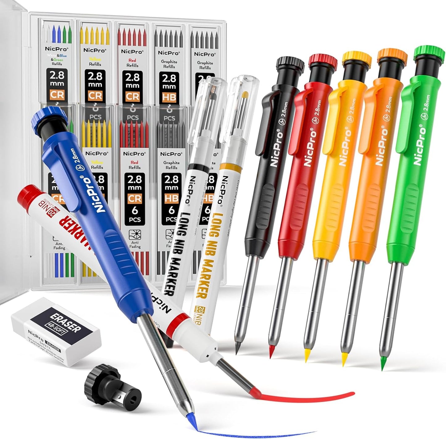 Nicpro 2 Pack CP1000 Carpenter Pencil with Sharpener, Mechanical Carpenter Pencils with 26 Refills, Deep Hole Long Nib Marker Pens for Construction, Heavy Duty Woodworking Pencil for Architect Marking