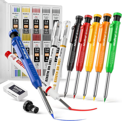 Nicpro 2 Pack CP1000 Carpenter Pencil with Sharpener, Mechanical Carpenter Pencils with 26 Refills, Deep Hole Long Nib Marker Pens for Construction, Heavy Duty Woodworking Pencil for Architect Marking