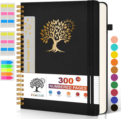 Spiral Notebook Journal for Women Men, 300 Numbered Lined Pages, College Ruled, A5 Hardcover Spiral Bound Notebook for School, Work, Note Taking Writing, Leather Spiral Journal Medium 5.9"x8.5"