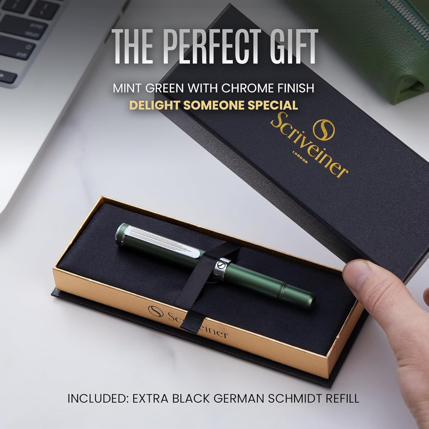 Scriveiner Black Rollerball EDC Luxury Pen, Stunning Pocket Pen with Chrome Finish, Cool Writing, Best Gift for Men & Women, German Schmidt Refill, Nice Present, Fancy Office Designer Set