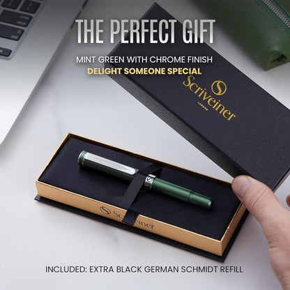 Scriveiner Black Rollerball EDC Luxury Pen, Stunning Pocket Pen with Chrome Finish, Cool Writing, Best Gift for Men & Women, German Schmidt Refill, Nice Present, Fancy Office Designer Set