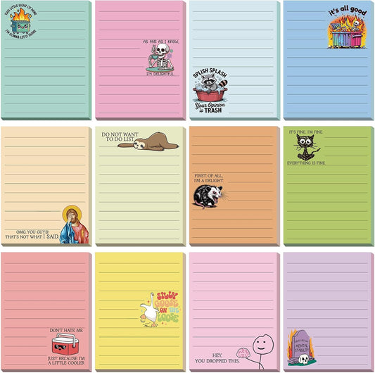 12 Pcs Funny Sticky Notes for Work 4x3 Inches Sarcastic Self Adhesive Notepads Novelty Memo Pads for Office Coworker Gifts Employee Appreciation Supplies(Dumpster Fire-Lines,Multi Color)