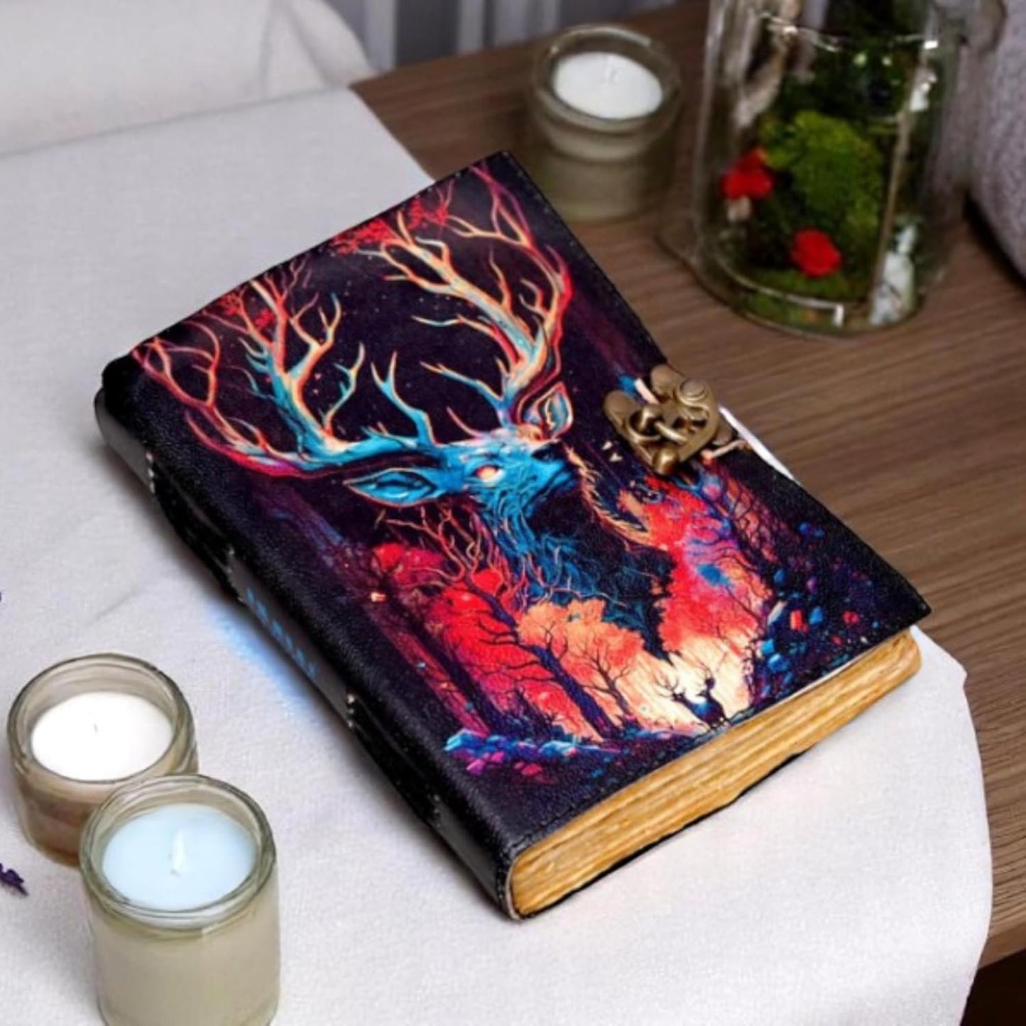 Stag Deer Leather Journal with Lock 7x5 Inch | Handmade Gothic Forest Notebook | 200 Pages 150 GSM Recycled Paper | Pagan Fantasy Grimoire Diary Gift for Men Women