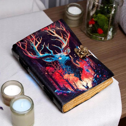 Stag Deer Leather Journal with Lock 7x5 Inch | Handmade Gothic Forest Notebook | 200 Pages 150 GSM Recycled Paper | Pagan Fantasy Grimoire Diary Gift for Men Women