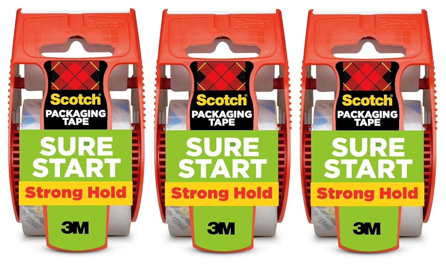Scotch Sure Start Packing Tape, Clear, Quiet Unwind and Easy Start, Moving Supplies, 1.88 inch x 22.2 Yard, 2 Tape Rolls with Dispensers