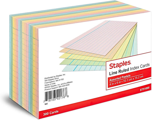 Staples Index Cards, 4" x 6", Lined, Assorted Pastel Colors, 300 Pack – Color‑Coded Ruled Cards for Studying & Organization
