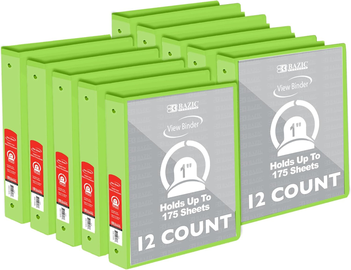 BAZIC Products 3 Ring Binder - Green, Economy View Binder with Clear Overlay Cover and Round Rings, Organizer for School Office Home Use, 1-inch Capacity Holds 175 Sheets Paper, 12-Pack