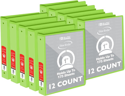 BAZIC Products 3 Ring Binder - Green, Economy View Binder with Clear Overlay Cover and Round Rings, Organizer for School Office Home Use, 1-inch Capacity Holds 175 Sheets Paper, 12-Pack