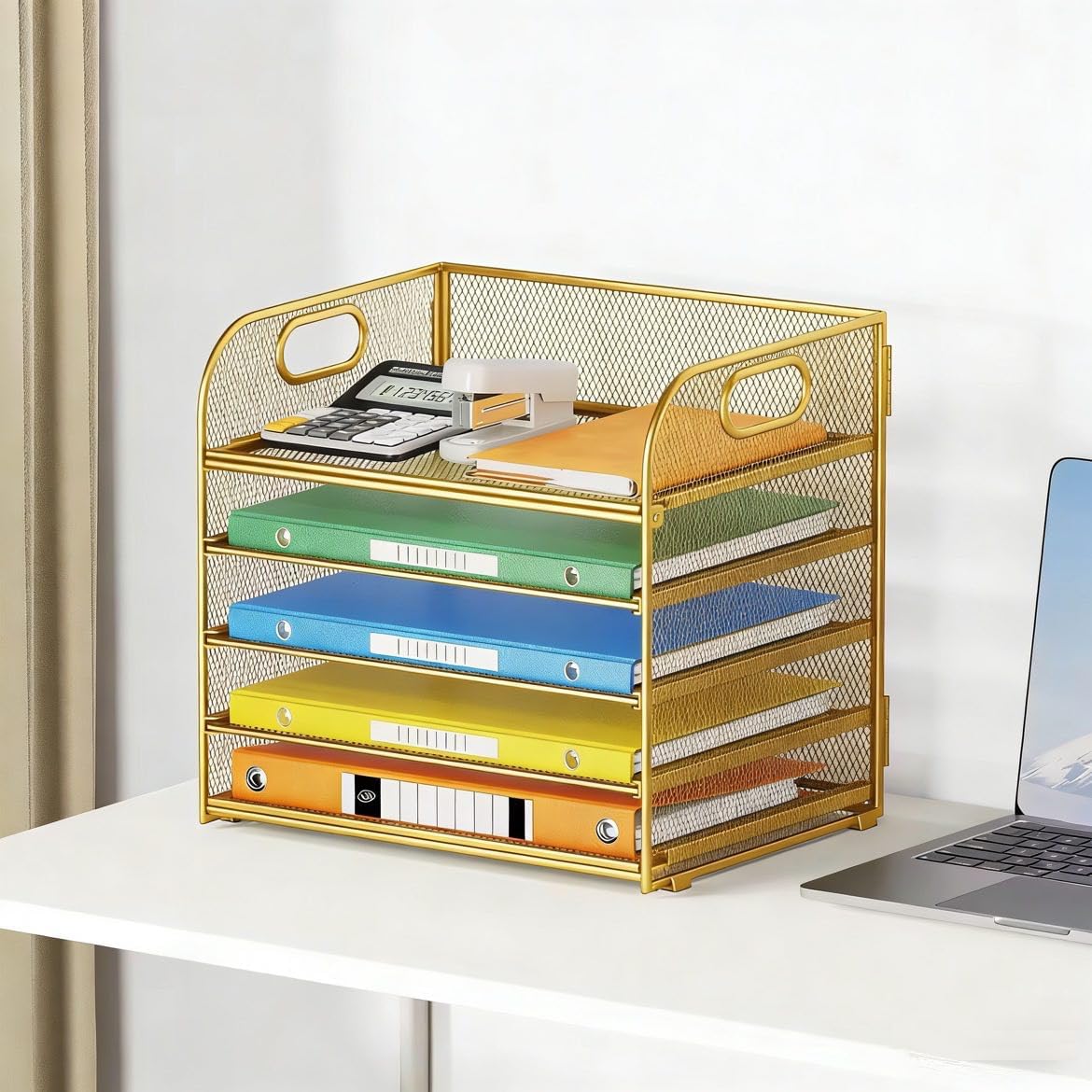 Lavatino 5 Tray Desk File Organizer, Black Mesh Paper Sorter Letter Tray Organizer with Handle, Desktop File Organizer and Storage for Letter/A4 Office File Folder