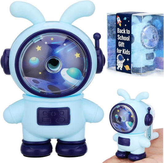 jojofuny Cute Rabbit Astronaut Pencil Sharpener for Kids - Heavy Duty Manual Hand Crank with 3 Sharpness Levels, Large Shavings Tray - Cool Space Theme School Supplies Gift for Boys & Girls
