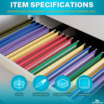 1InTheOffice Expanding Hanging File Folders 3.5" Expansion, Letter Size, Assorted, 4 Pack