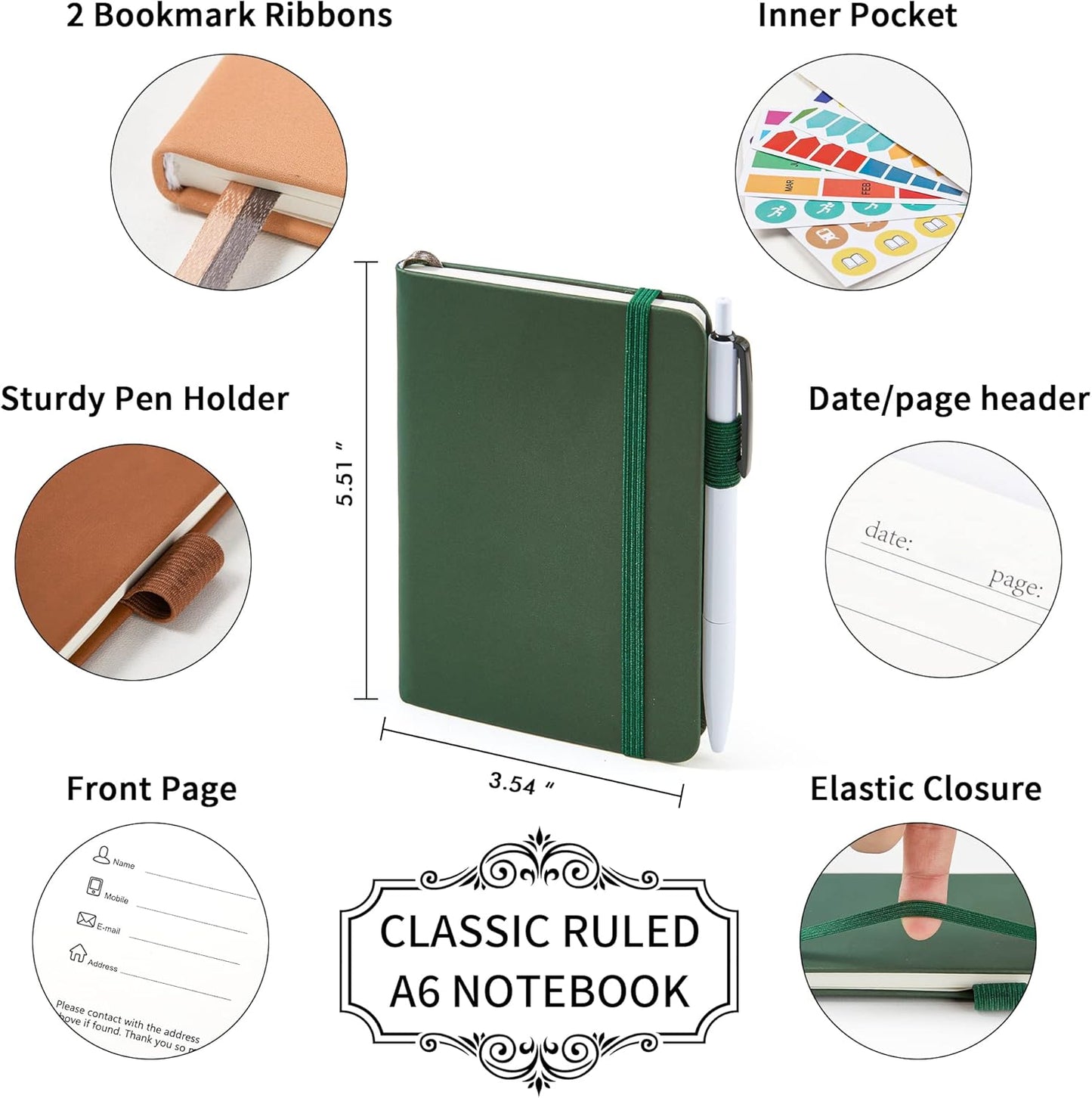 feela 3 Pack Pocket Notebook Journals with 3 Black Pens, A6 Mini Cute Small Journal Notebook Bulk Hardcover College Ruled Notepad with Pen Holder for Office School Supplies, 3.5”x 5.5”, Gray