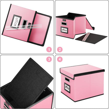 Huolewa Upgraded Portable File Organizer Box with Lid, Collapsible Linen Hanging Filing Storage Boxes with Plastic Slides, Decorative Home/Office Filing System Box for File and Folders Storage (Gray)