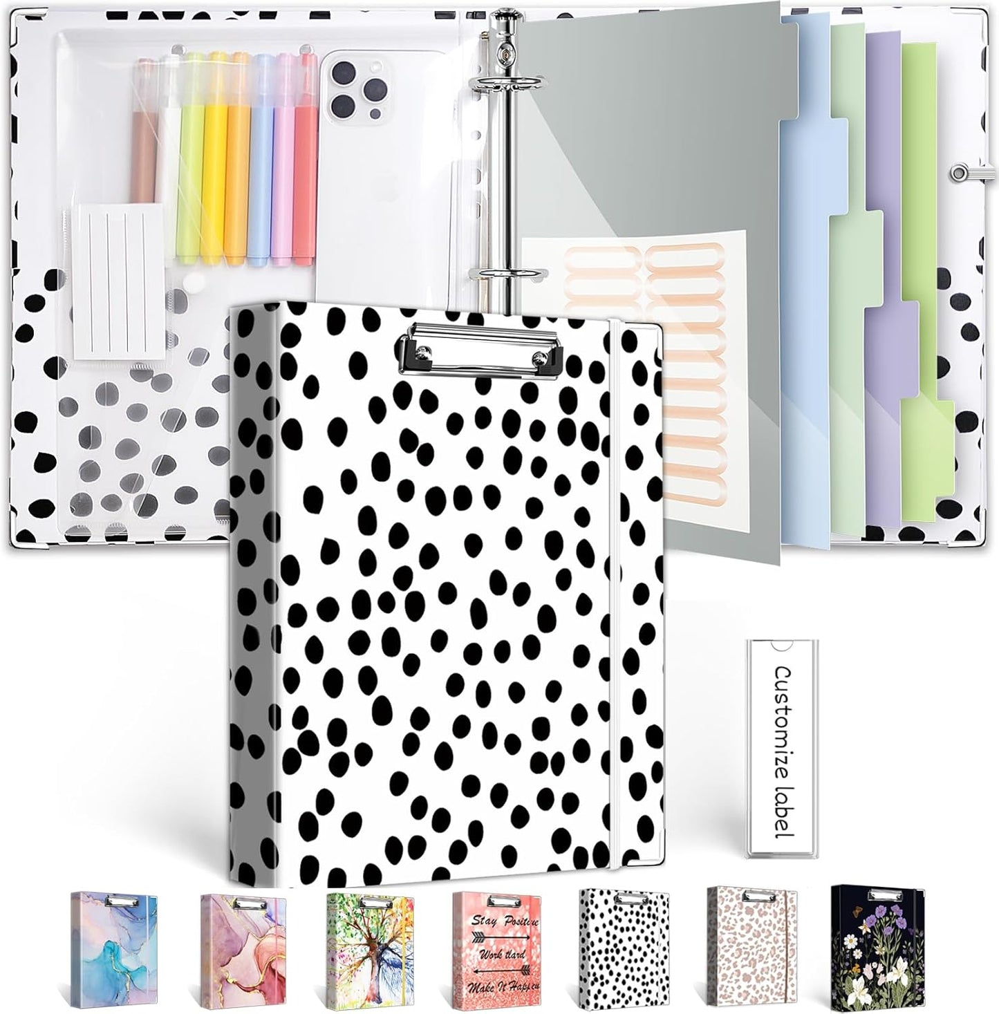 3 Ring Binder 1 Inch, Three Ring Binders Organizer with Clipboard, 5-Tabs Pockets Dividers, Plastic Folder, 18 Divider Stikers, BVSSX Pretty Binder with Pen Loop (Black Weeds, Letter Size)