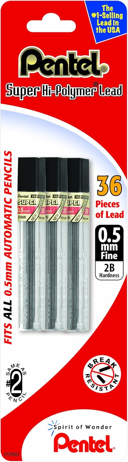Pentel Super Hi-Polymer Lead Refill (0.5mm), Fine, 2B, 36 Pieces of Lead (C505BP32B-K6)