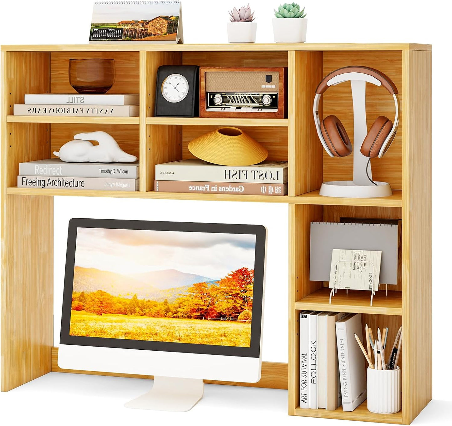 Tangkula Desktop Bookshelf, Countertop Storage Hutch with 5 Shelves for Computer Desk, Desk 3-Tier Display Rack, Multipurpose Wood Desktop Hutch Storage Organizer for Dorm Office Home
