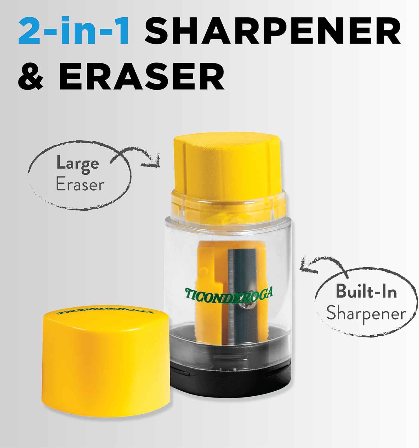 Ticonderoga Duo 2-in-1 Pencil Sharpener & Eraser, Yellow, 6 Count