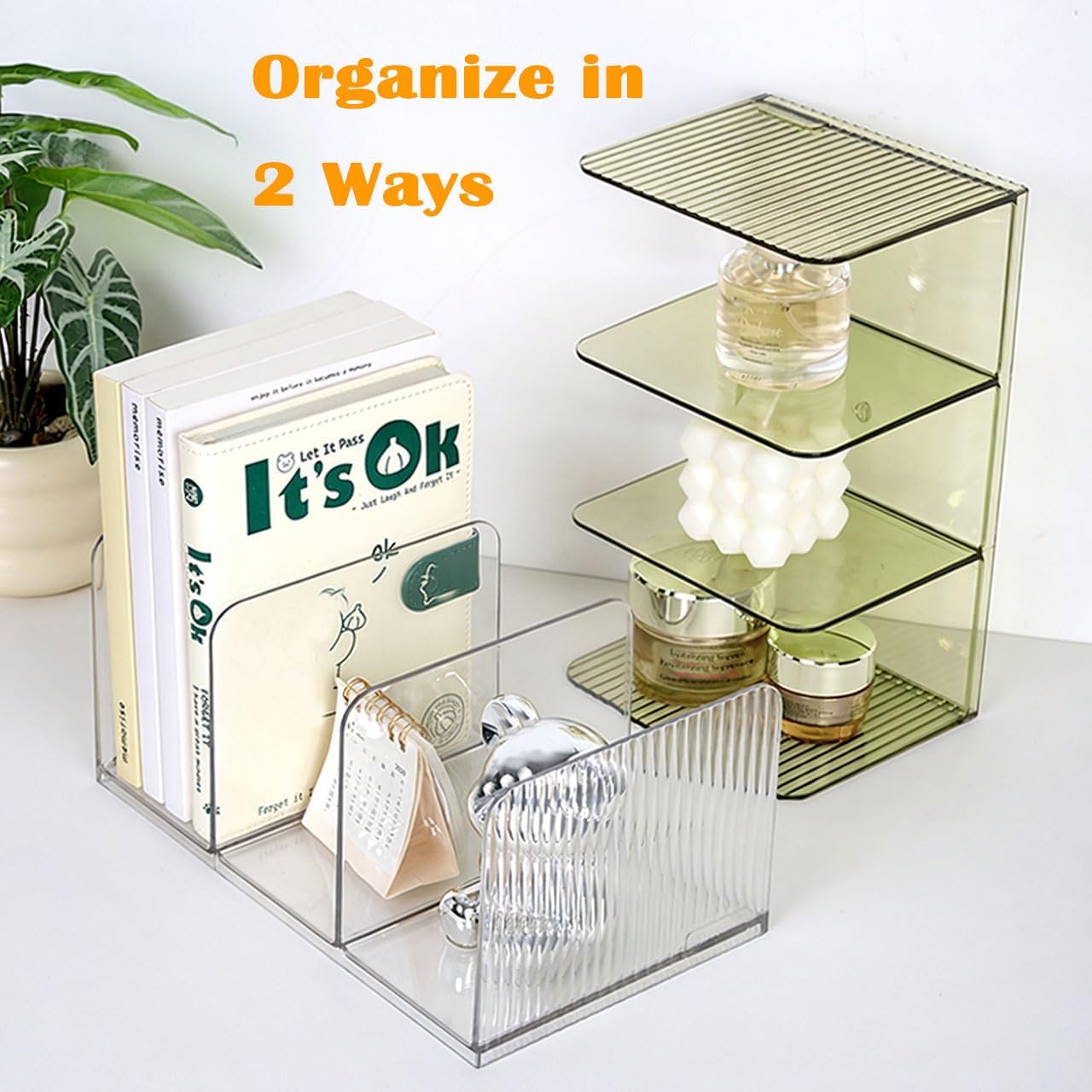 Versatile Acrylic Magazine File Holder, 3 Compartment Desk Document Organizer Sorter, Clear Bookends & Folder Rack for Classroom, Holds Tablet, Magazines, Files, Supplies & Accessories-2 Pack Green