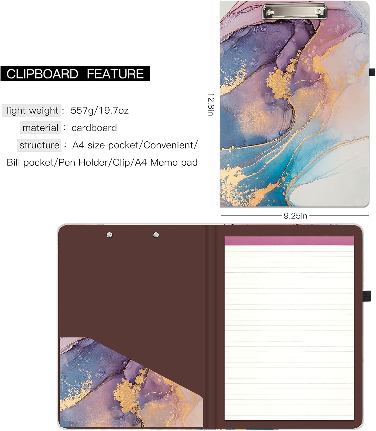 Hongri Clipboard Folio with Refillable Lined Notepad and Interior Storage Pocket for Students, Classroom, Office, Women, Man, Cute Custom Pattern, Size 12.8 x 9.2 in, Classic Flower