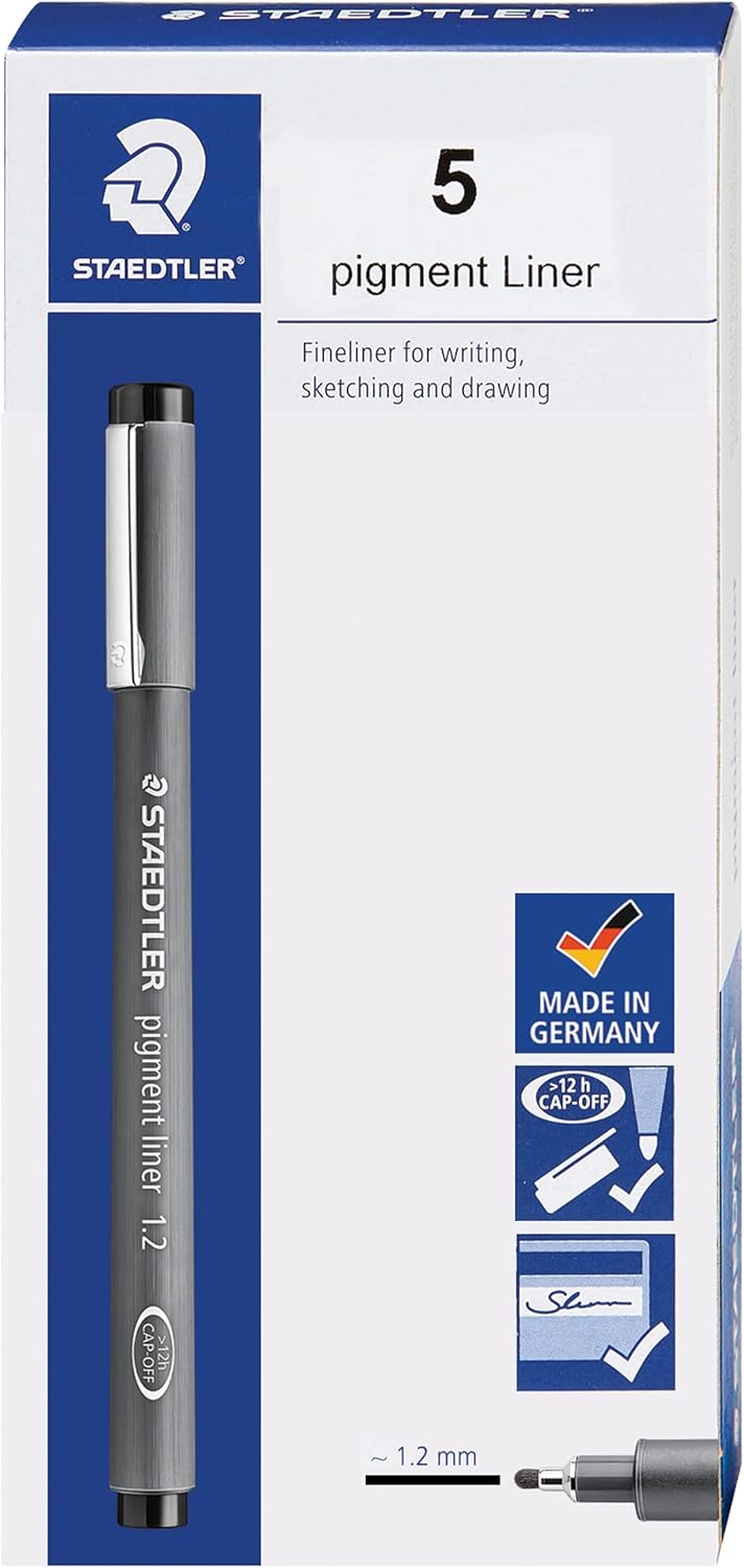 Staedtler Pigment Liner Pack, Black, 8 Pens, Assorted Line Widths, 0.05mm, 0.1mm, 0.2mm, 0.3mm, 0.5mm, 0.8mm, 1.0mm, 1.2mm