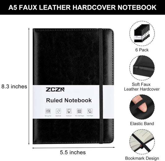 ZCZN Lined Journal Notebooks for Work, 5.5x8.3 in, 192 Pages, Hardcover Leather A5 Journals for Writing, Diary & Travel, College Ruled Journaling Notebooks for School, Office, Home (Brown*6)