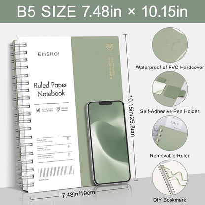 EMSHOI A5 Spiral Notebook College Ruled Lined Journal, Small 5.7" X 8.22", 300 Pages/150 Sheets, 100gsm Thick Paper, Waterproof Hardcover, for Office School Women Men Work Writing Notes, Blue