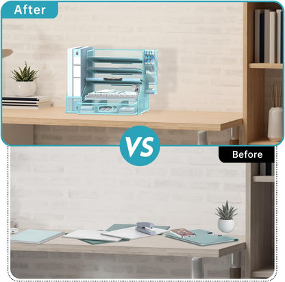 SUPEASY Desk Organizer with File Holder, 5-Tier Mesh Paper Letter Tray Organizer with Pen Holder and Drawer, Desktop Organizer and Storage with 3 Tilted File Sorter for Office Supplies, Blue