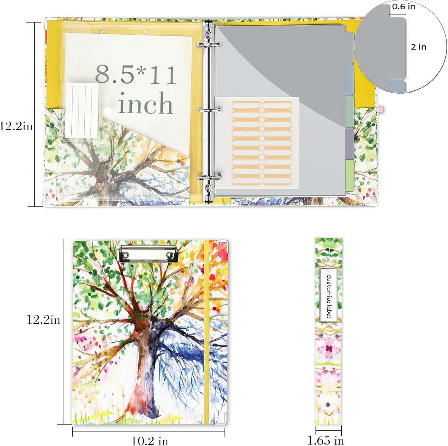 3 Ring Binder 1 Inch, Three Ring Binders Organizer with Clipboard, 5-Tabs Pockets Dividers, Plastic Folder, 18 Divider Stikers, BVSSX Pretty Binder with Pen Loop (Black Weeds, Letter Size)