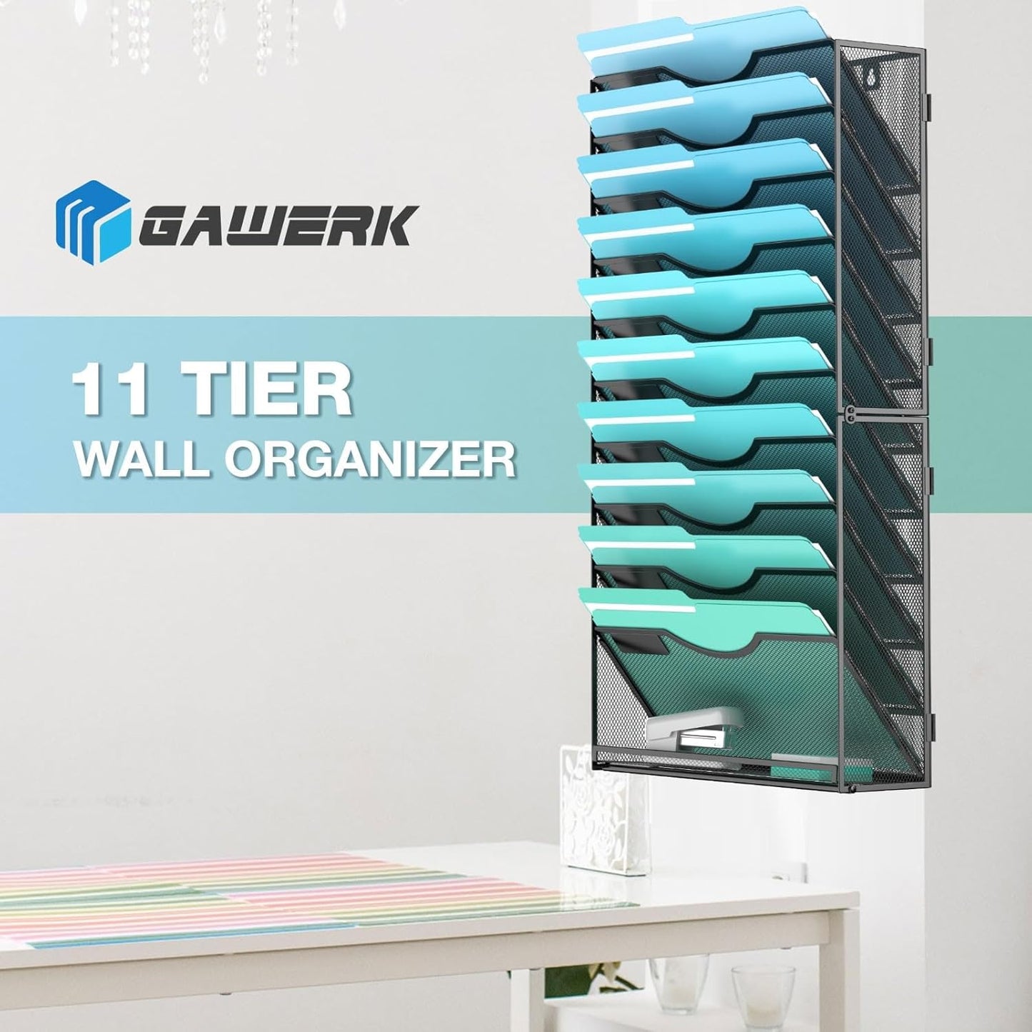 Gawerk 10-Tier Wall File Organizer Hanging Wall File Holder Wall Mount Paper Folder Organize, Mesh Magazine Document Mail Organizer Wall Organizer for Office School Home, Black