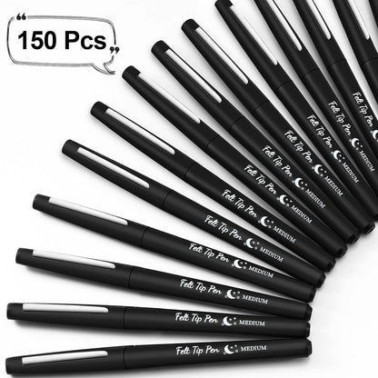 Fuyoooo 150 Pcs Black Felt Tip Pens Bulk 0.7mm Medium Point Felt Pens Journal Planner Markers Pen for Journaling, Writing, Note Taking Art Office Supplies