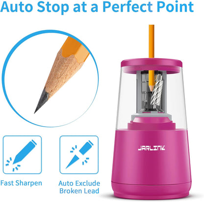 JARLINK Electric Pencil Sharpener, Heavy-Duty Helical Blade to Fast Sharpen, Auto Stop for No.2/Colored Pencils(6-8mm), AC Adapter/Battery Operated in School Classroom/Office/Home (Black)