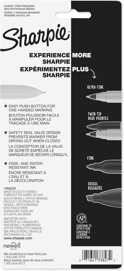 Sharpie Retractable Permanent Markers, Ultra Fine Point, Black, 3 Count