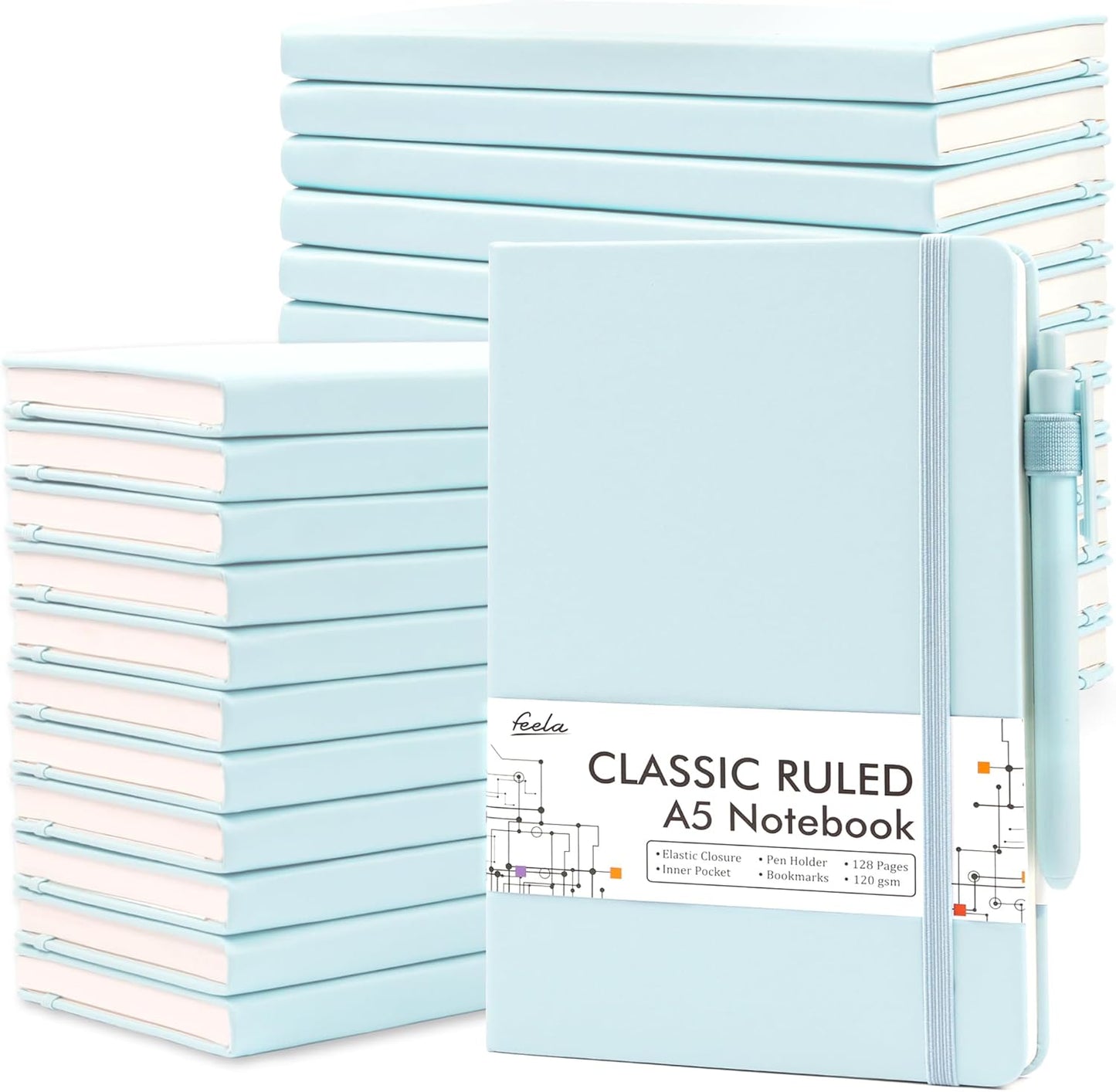 feela College Ruled Notebooks, 24 Pack Business Notebook Hardcover Lined Writing Journal with Pen Holder for Men Women Note Taking, with 24 Black Pens, 120 GSM, 5.1”x8.3”, A5, White